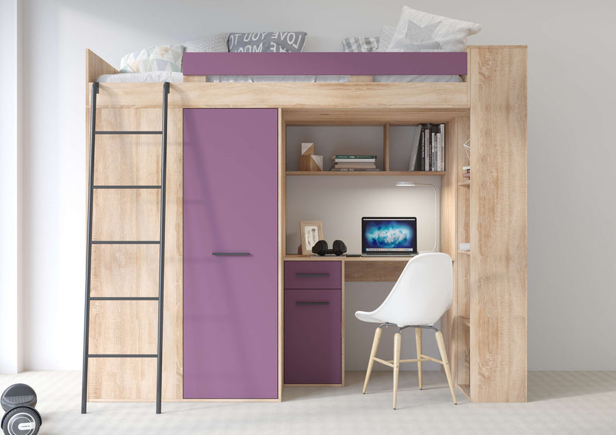 Hochbett – VERANA P – Multifunktionales Jugendbett mit Schreibtisch und Schrank