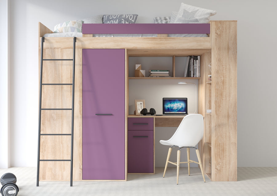 Hochbett – VERANA P – Multifunktionales Jugendbett mit Schreibtisch und Schrank