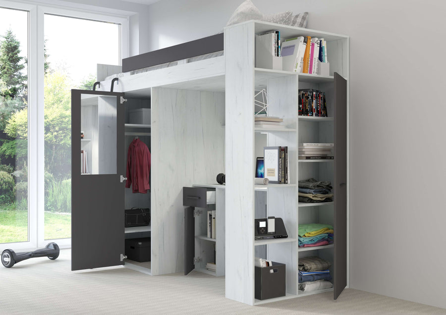 Hochbett – VERANA P – Multifunktionales Jugendbett mit Schreibtisch und Schrank