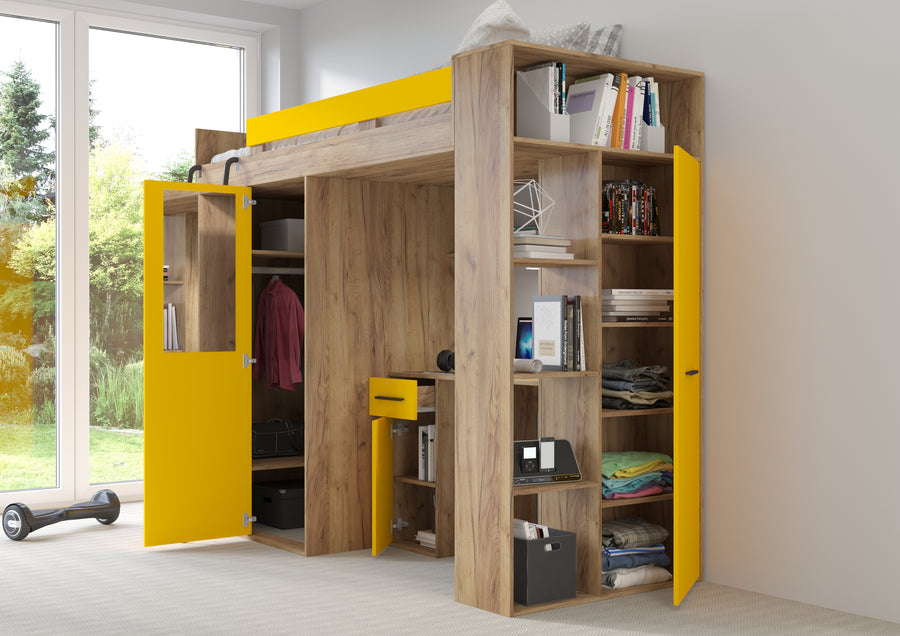 Hochbett – VERANA P – Multifunktionales Jugendbett mit Schreibtisch und Schrank
