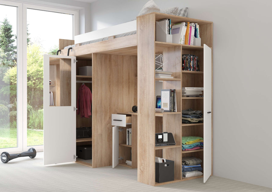Hochbett – VERANA P – Multifunktionales Jugendbett mit Schreibtisch und Schrank