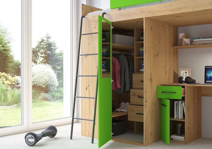 Hochbett – VERANA P – Multifunktionales Jugendbett mit Schreibtisch und Schrank