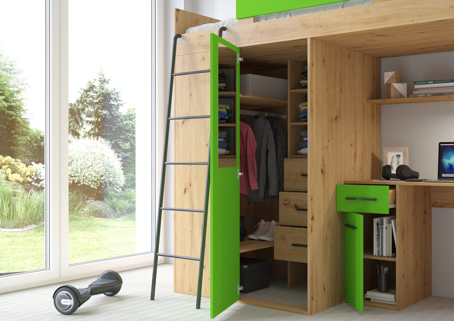 Hochbett – VERANA P – Multifunktionales Jugendbett mit Schreibtisch und Schrank