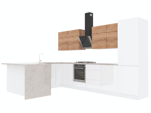 Winkelküche – VELORA/GLANZIA – U-Küche 360×240×150 cm, Artisan Eiche/Weiß, ohne Arbeitsplatte & Elektrogeräte
