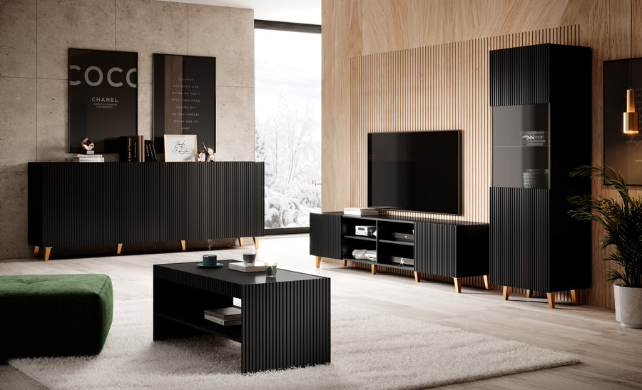 Vitrine – PAFOS I – 182 cm Schwarz, moderner Hochschrank mit dekorativen Fräsungen