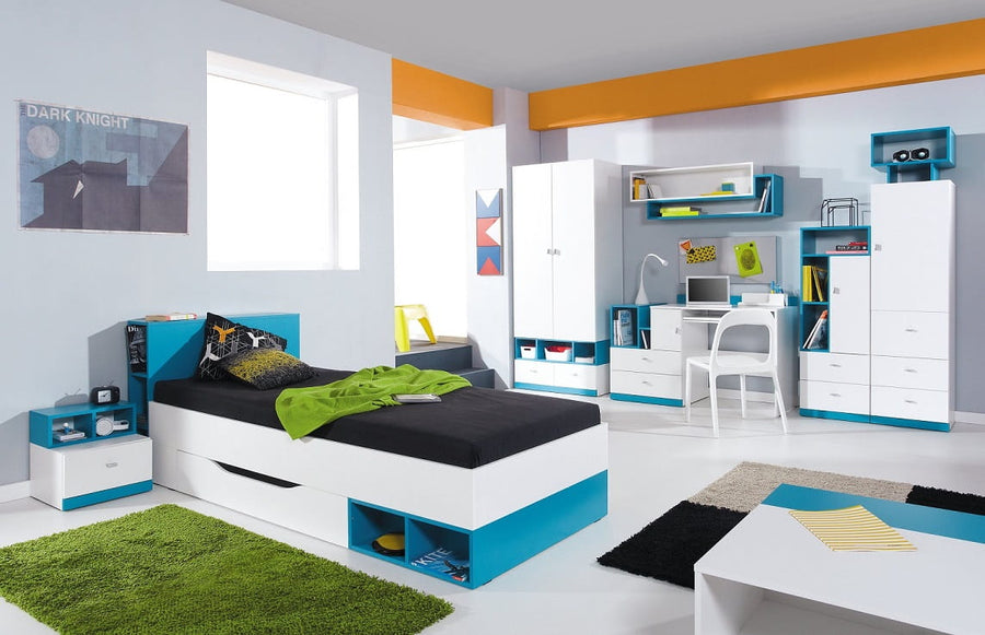 Schlafzimmer Set – 8 Teile – MOBI System – Weiß / Blau – Praktische Kombination für Kinder- und Jugendzimmer