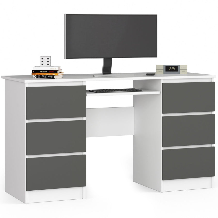 Schreibtisch – Großer Computertisch mit 6 Schubladen und Tastaturauszug
