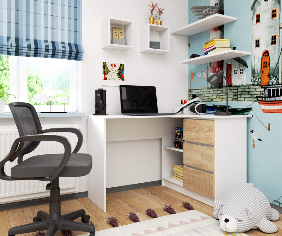 Eckschreibtisch – Funktionaler Bürotisch mit drei Schubladen