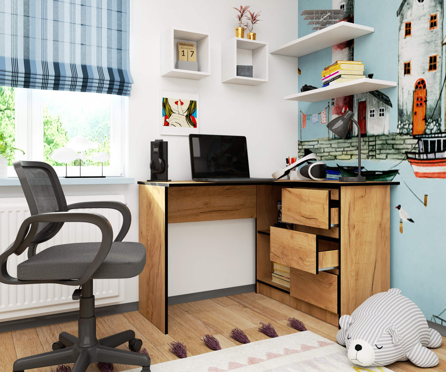 Eckschreibtisch – Funktionaler Bürotisch mit drei Schubladen