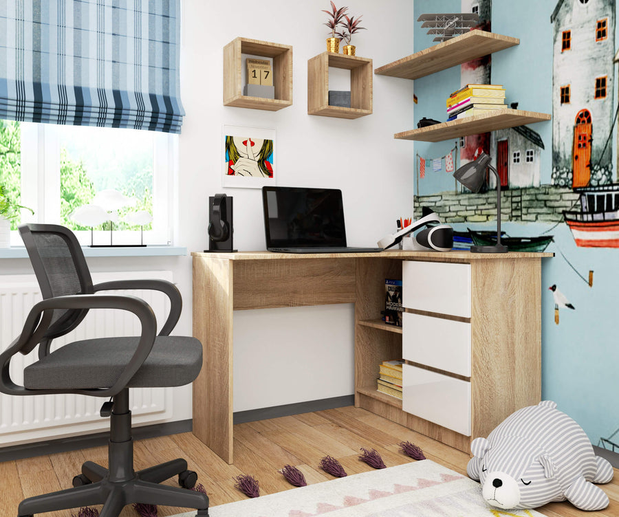 Eckschreibtisch – Funktionaler Bürotisch mit drei Schubladen