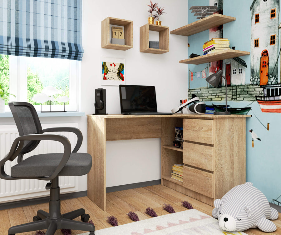 Eckschreibtisch – Funktionaler Bürotisch mit drei Schubladen