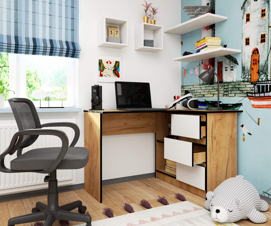 Eckschreibtisch – Funktionaler Bürotisch mit drei Schubladen