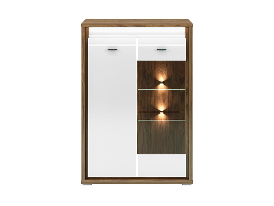 Vitrine – DALLAS 0601 – Edle Standvitrine in Natural Walnuss mit Hochglanz-Akzenten