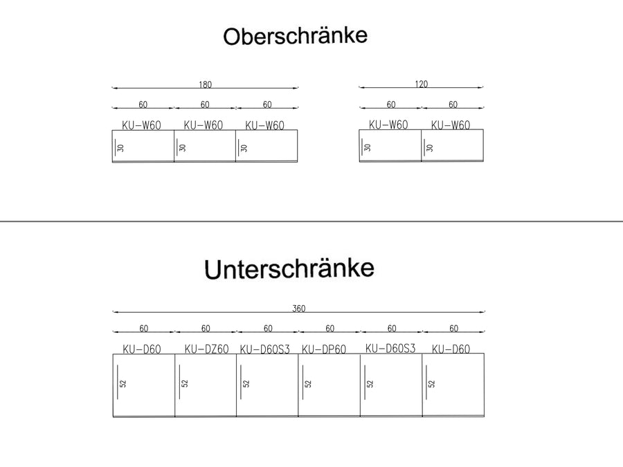Küchenzeile – Küchenblock 360 cm Lunara – Ohne Arbeitsplatte & Elektrogeräte