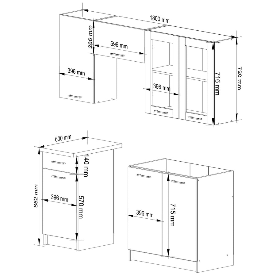 Küchenzeile 180 cm – OLIWIA – mit Vitrine und Arbeitsplatte Ohne Elektrogeräte