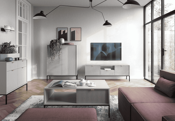 Wohnzimmer Set 4-teilig – NOVA – Grau – Modernes Stauraumensemble im strukturierten Rillen-Design für stilvolle Wohnräume