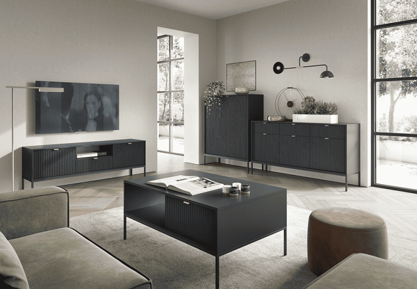 Wohnzimmer Set 4-teilig – NOVA – Schwarz – Modernes Stauraumensemble im strukturierten Rillen-Design für stilvolle Wohnräume