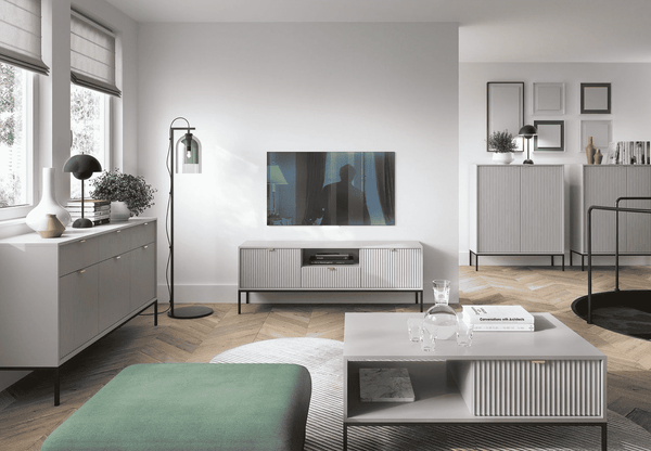 Wohnzimmer Set 5-teilig – NOVA – Grau – Modernes Stauraumensemble im strukturierten Rillen-Design für stilvolle Wohnräume