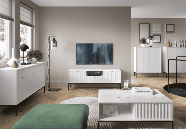 Wohnzimmer Set 5-teilig – NOVA – Weiß – Modernes Rillen-Design für strukturierte & stilvolle Wohnräume