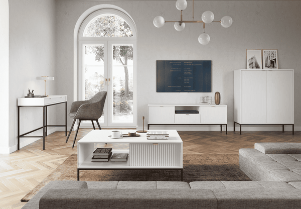 Wohnzimmer Set 4-teilig – NOVA – Weiß – Modernes Stauraumensemble im strukturierten Rillen-Design