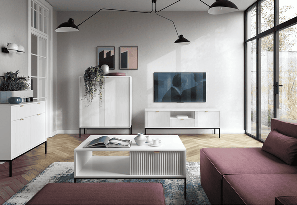 Wohnzimmer Set 4-teilig – NOVA – Weiß – Modernes Stauraumensemble im strukturierten Rillen-Design