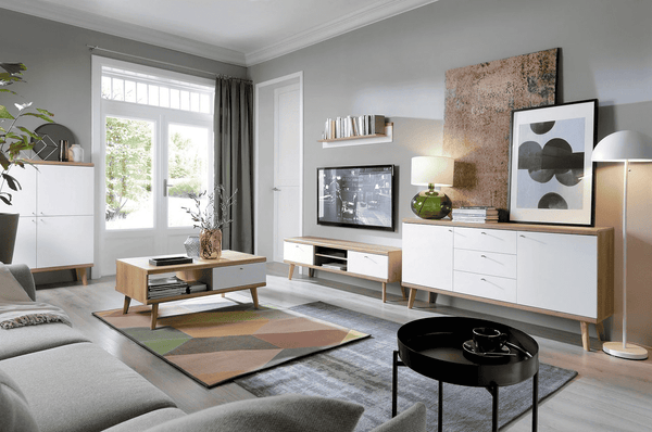 Wohnzimmer Set – PRIMO – 5-teilig – Weiß / Sonoma Eiche – Modernes Stauraumensemble