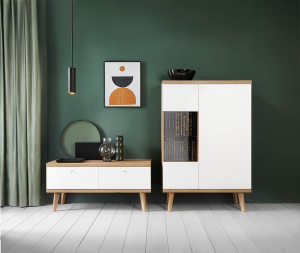 Wohnzimmer Set – PRIMO – 2-teilig – Weiß / Sonoma Eiche – Modernes Stauraum-Duo