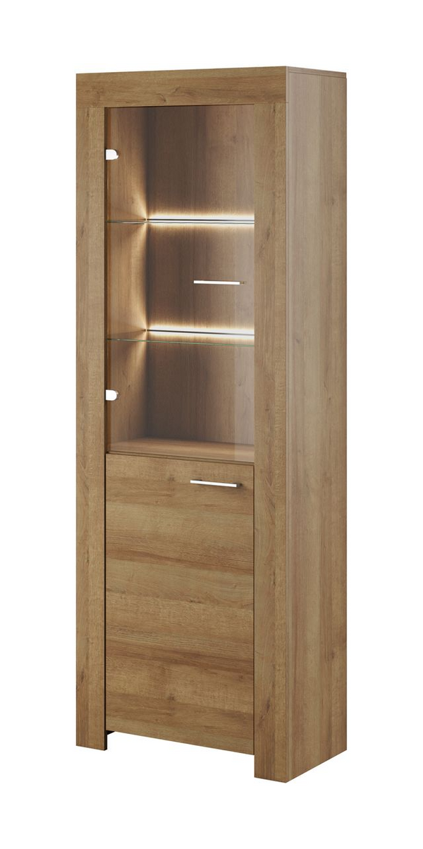 Vitrine – SKY – SWT70 Sonoma Eiche, schmale Designvitrine mit Glas- und Holzböden