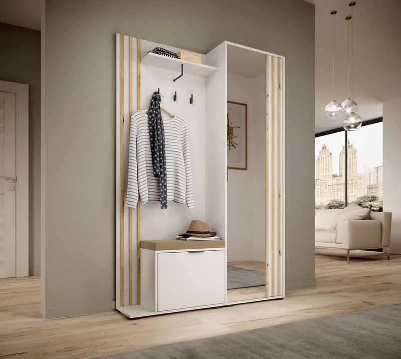 Garderobe mit Spiegeltür – NELLY – Flurgarderobe mit Sitzkissen
