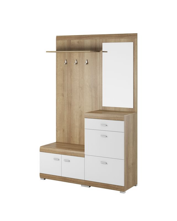 Garderobe mit Spiegel – STELLA – Flurgarderobe mit Drehtüren, Weiß / Sonoma Eiche