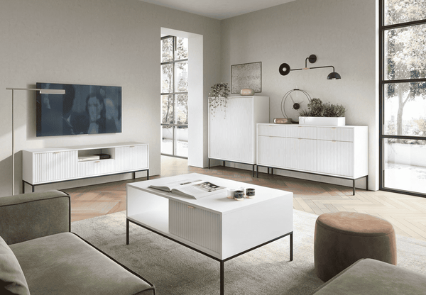 Wohnzimmer Set 4-teilig – NOVA – Weiß – Modernes Wohnensemble im strukturierten Rillen-Design