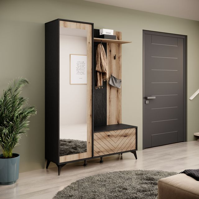 Garderobe mit Spiegel – DIAMOND – Flurgarderobe mit Stauraum, Artisan Eiche / Schwarz