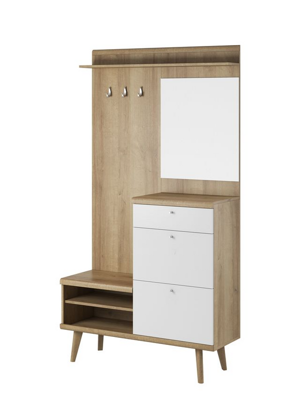 Garderobe PRIMO – PG110 – Weiß / Sonoma Eiche – Moderne Flurgarderobe mit Stauraum und Haken