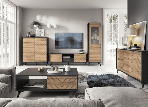 Wohnzimmer Set – DIAMOND – 5-teilig Eiche Evoke / Schwarz, modernes Design mit Chevron-Fronten