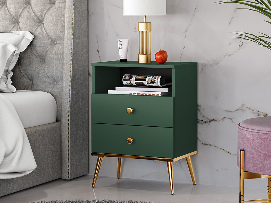 Nachttisch – FOREST – Eleganter Nachtschrank in Dunkelgrün mit goldenen Akzenten