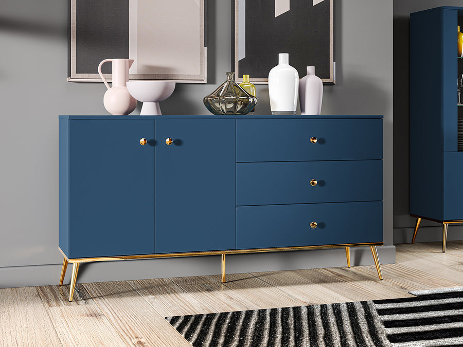 Kommode – MARINE 03 – Elegantes Sideboard in Dunkelblau mit goldenen Beinen