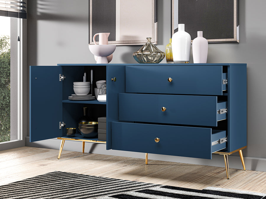 Kommode – MARINE 03 – Elegantes Sideboard in Dunkelblau mit goldenen Beinen