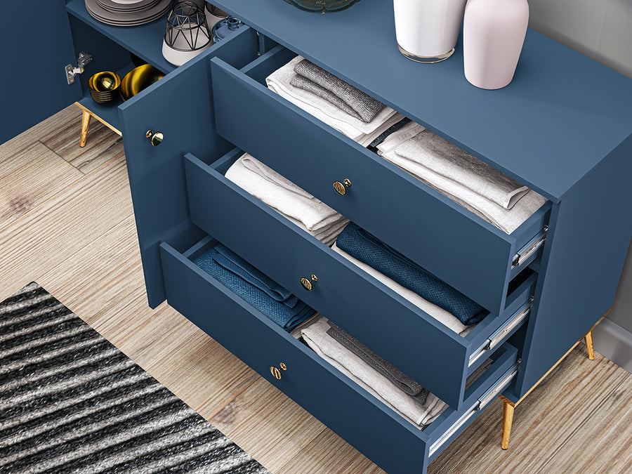 Kommode – MARINE 03 – Elegantes Sideboard in Dunkelblau mit goldenen Beinen