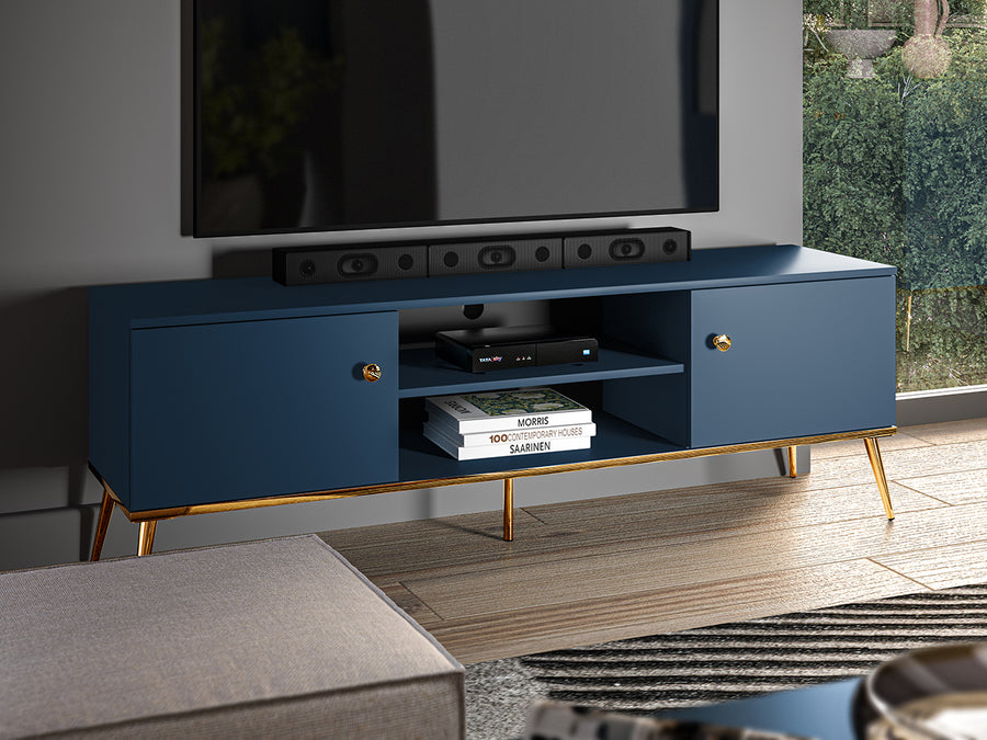 TV Board – MARINE 05 – Modernes Lowboard in Dunkelblau mit goldenen Beinen