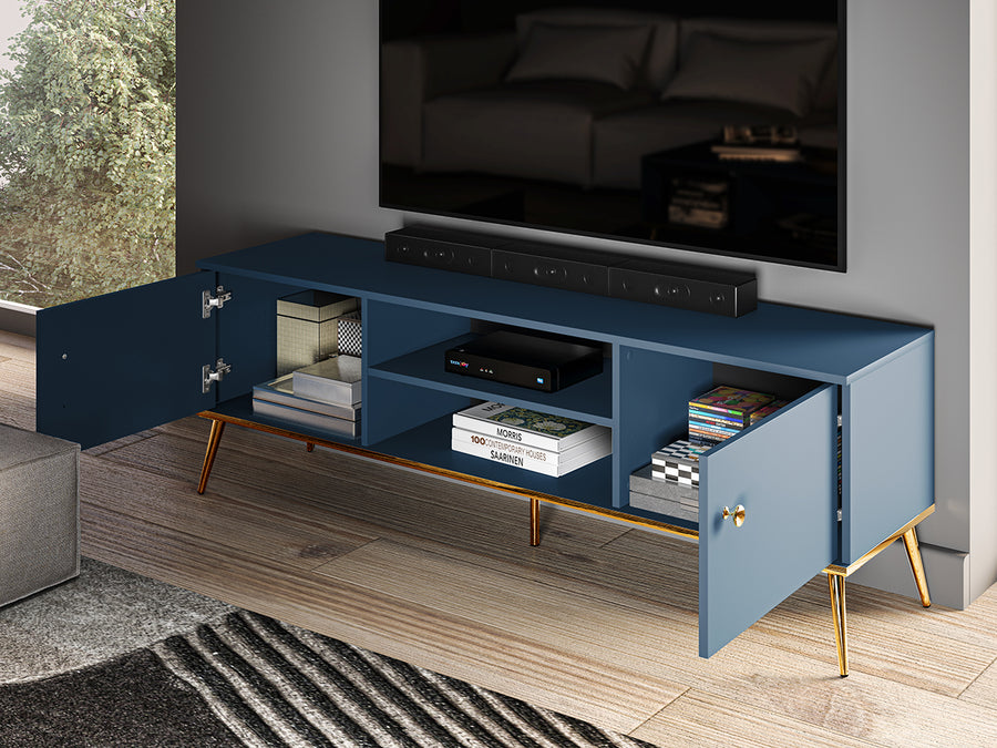 TV Board – MARINE 05 – Modernes Lowboard in Dunkelblau mit goldenen Beinen