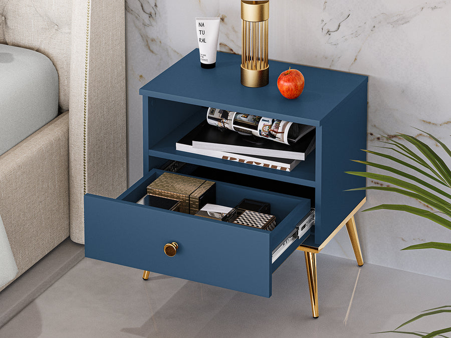 Nachttisch – MARINE 06 – Eleganter Nachtschrank in Dunkelblau mit goldenen Akzenten