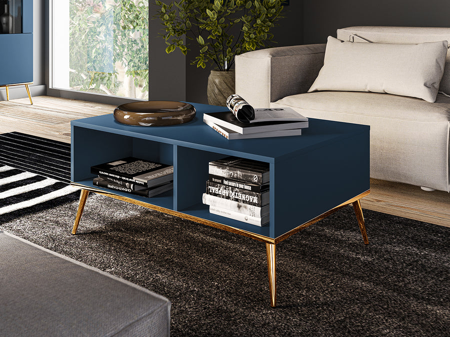 Couchtisch – MARINE 07 – Eleganter Wohnzimmertisch in Dunkelblau mit goldenen Beinen