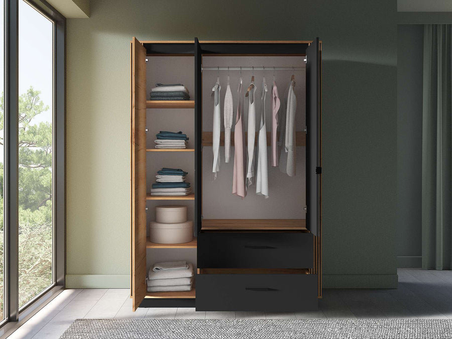 Kleiderschrank – URSO – Moderner Drehtürenschrank mit Glas und Holzoptik