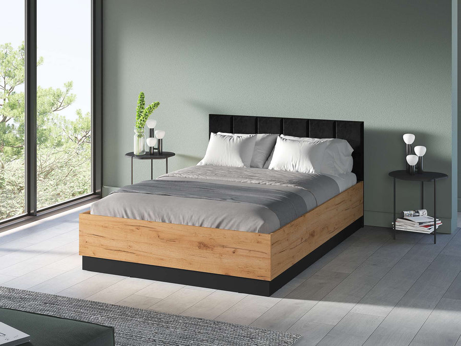 Bett – URSO – Modernes Polsterbett mit Holzoptik und Samtkopfteil