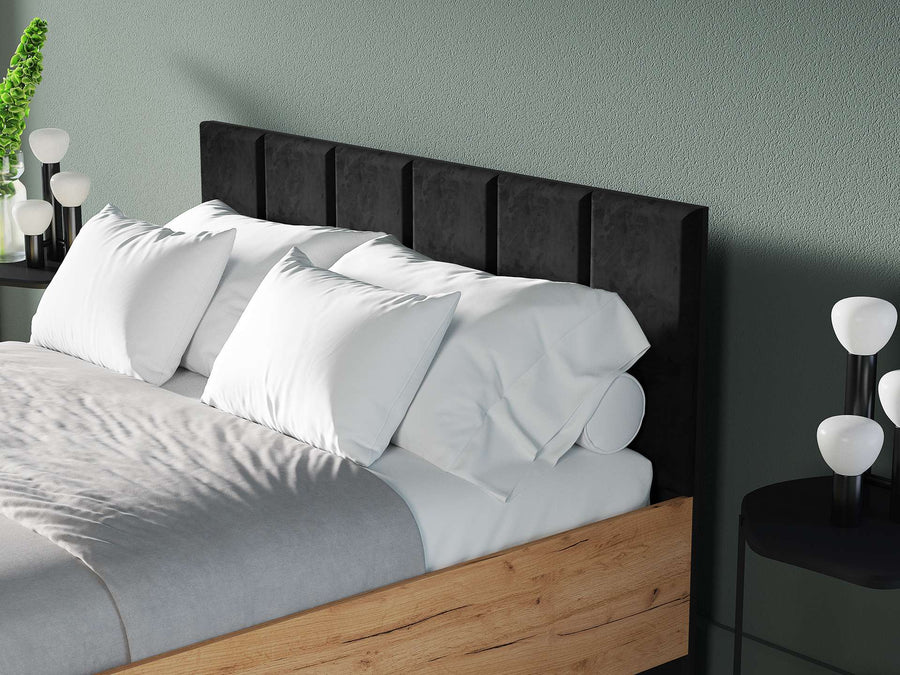 Bett – URSO – Modernes Polsterbett mit Holzoptik und Samtkopfteil