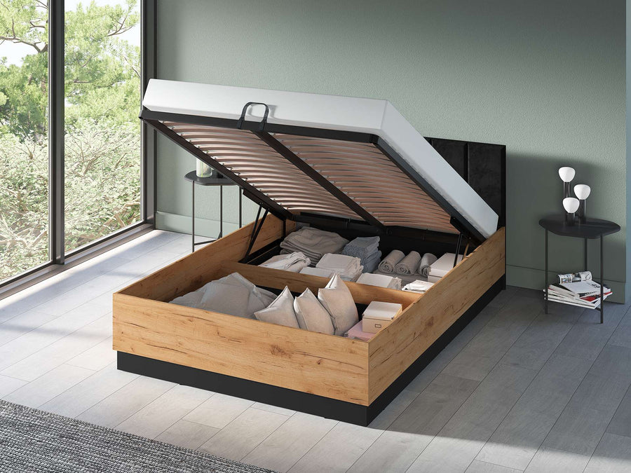 Bett – URSO – Modernes Polsterbett mit Holzoptik und Samtkopfteil