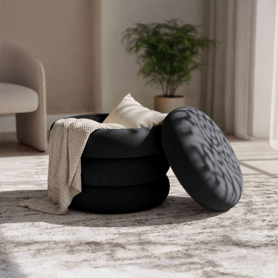 Sitzhocker – SNUGGO – Eleganter Samthocker mit Stauraum im modernen Design