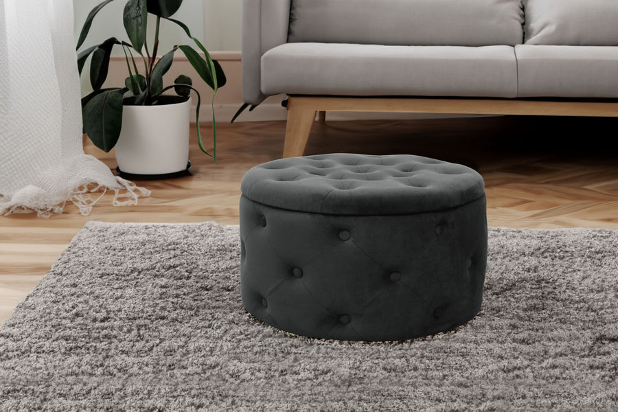 Sitzhocker – ALIA – Samt Pouf mit Stauraum und eleganter Steppung