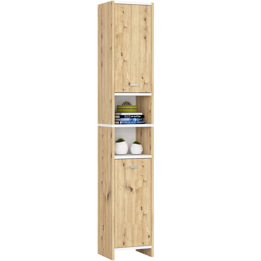 Badezimmerschrank – BETI – Schmaler Hochschrank mit Türen und offenen Fächern