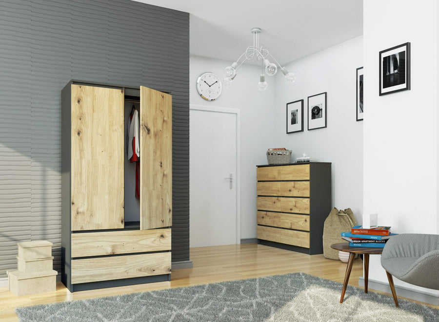 Kleiderschrank – Eleganter Drehtürenschrank mit 2 Türen und 2 Schubladen